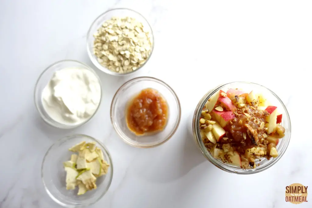 Apple Butter Overnight Oats Ingredients The oats, yogurt, and dried apples needed to make one serving of apple butter overnight oats.