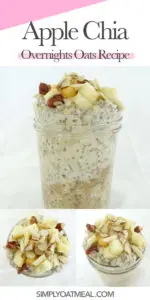 Collage of apple chia overnight oatmeal photos. The top of the oatmeal is covered in diced apples and sliced almonds.
