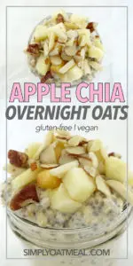 Close up view of the fresh apples and sliced almonds oatmeal topping that cover the apple chia overnight oats.