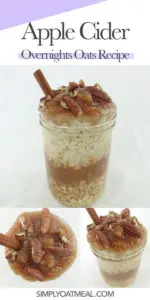 Collage of apple cider overnight oats pictures. Top view, side view and closeup of the oatmeal topping that include applesauce and chopped pecans.