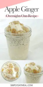 Collage of apple ginger overnight oats photos. Top view, side view and closeup picture of the oatmeal toppings that include yogurt and homemade candied ginger.