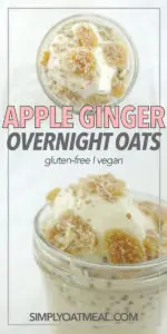 Candied ginger and yogurt on top of apple ginger overnight oats in a glass bowl.