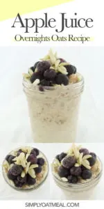 Collage of apple juice overnight oats photos including side view, top view and closeup of the blueberries and slivered almond oatmeal toppings.