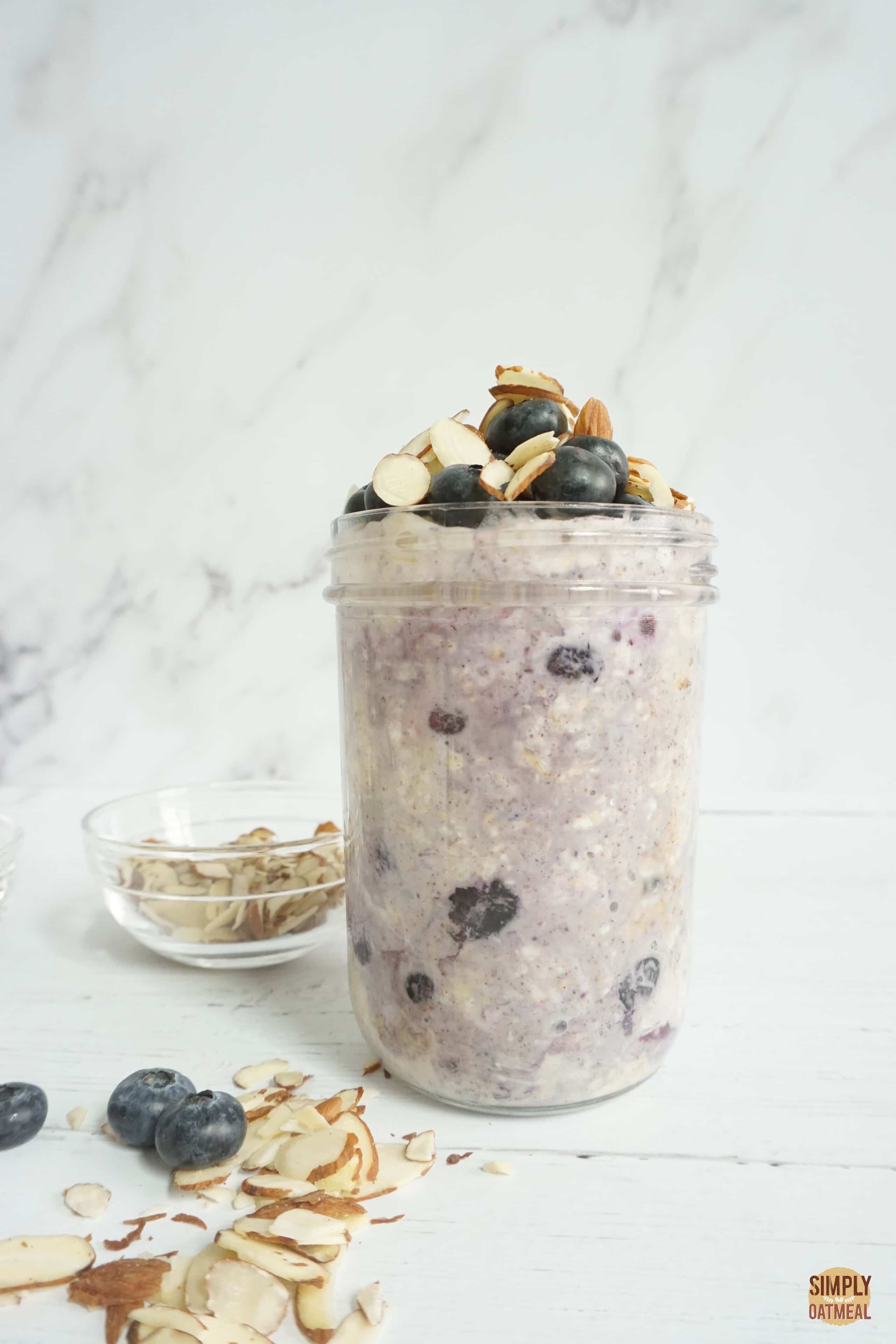 The blueberry almond overnight oats looks slightly purple because of the oats changed color from the berries..