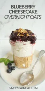 Single serving of blueberry cheesecake overnight oats in a glass container.