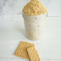 Single serving of blueberry Greek yogurt overnight oats served with crushed graham crackers on top