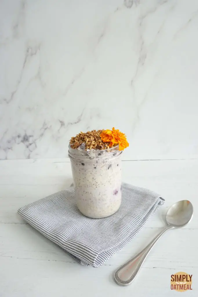 Single serving of blueberry honey overnight oats in a mason jar