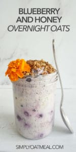 Glass jar filled with one serving of blueberry honey overnight oats