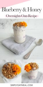 How to make blueberry honey overnight oats. The oatmeal is topped with granola and an edible flower