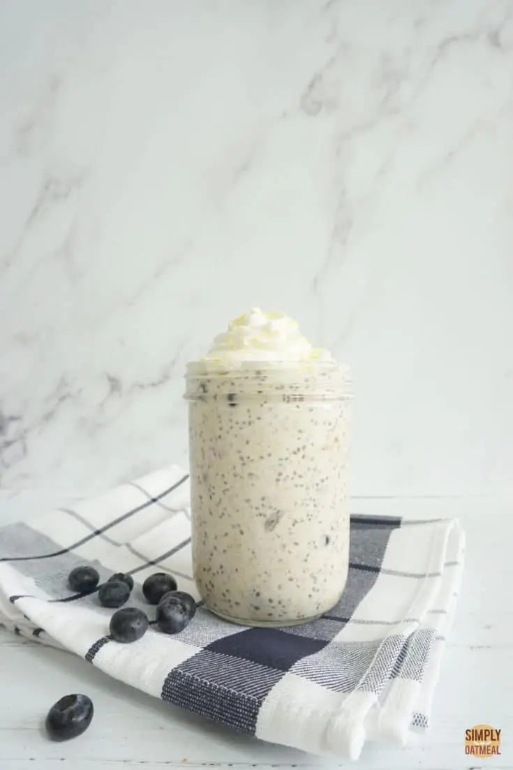 Single serving of blueberry lemon overnight oats in a glass jar