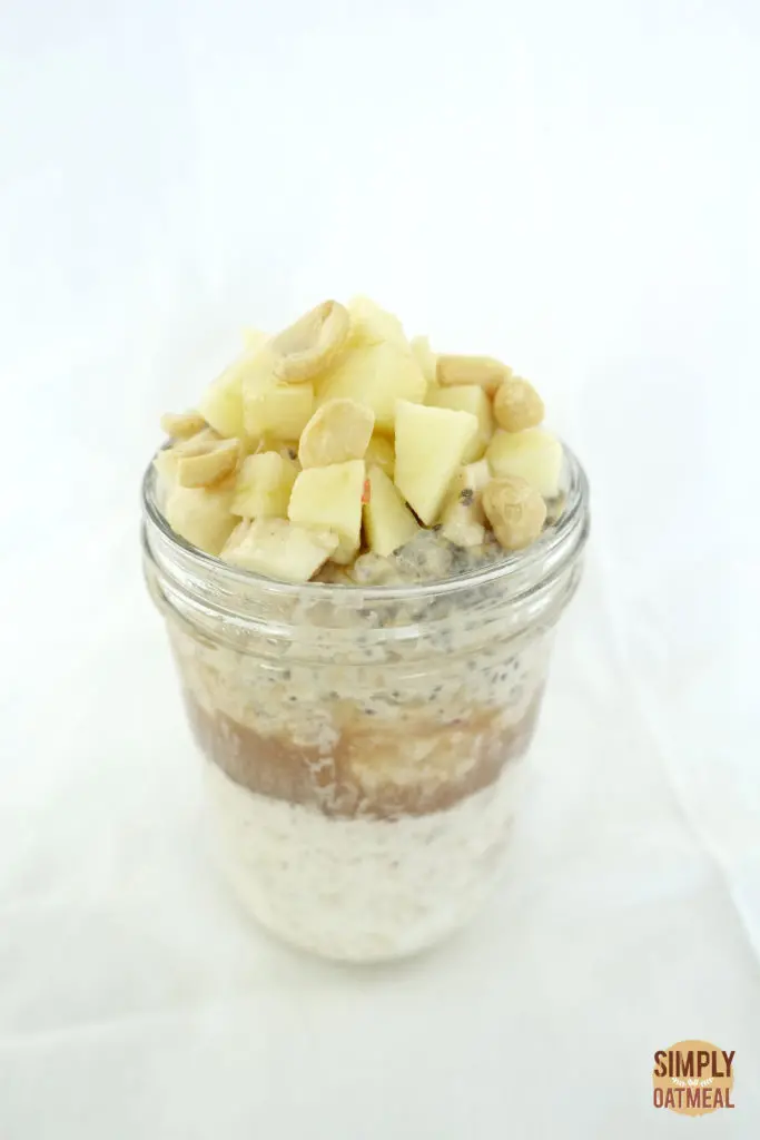 Peanut butter and overnight oats layered in a mason jar.