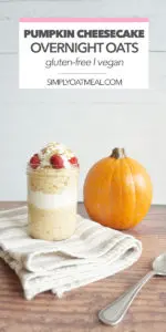 One serving of pumpkin cheesecake overnight oats in a tall glass container