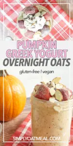 bowl of pumpkin greek yogurt overnight oats. The oatmeal toppings include strawberries, almonds and whipped cream.