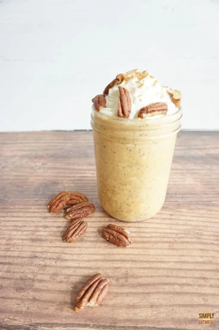 single serving of pumpkin pie overnight oats in a glass container