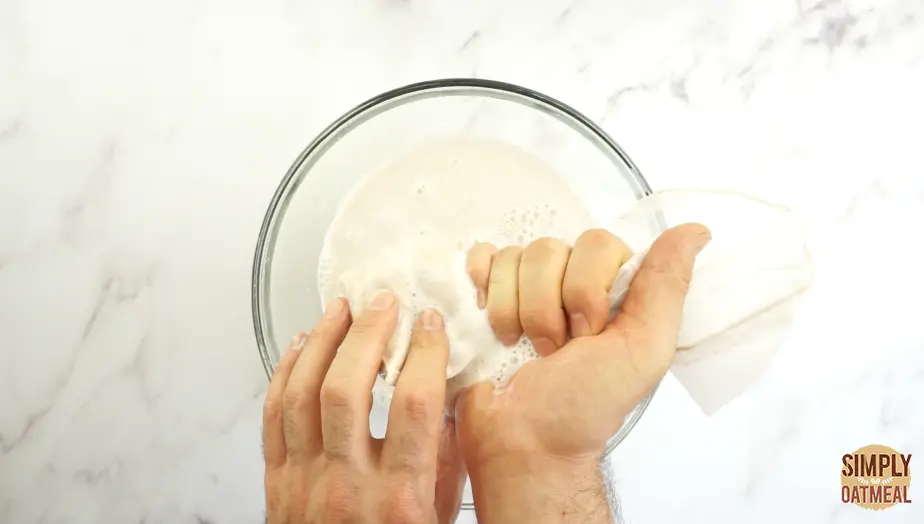Squeeze the nut milk bag to press out as much almond milk as possible.