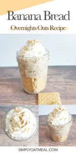 How to make banana bread overnight oats with fresh banana, whipped cream and ground cinnamon.