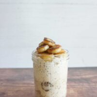 Single serving of banana foster overnight oats in a mason jar