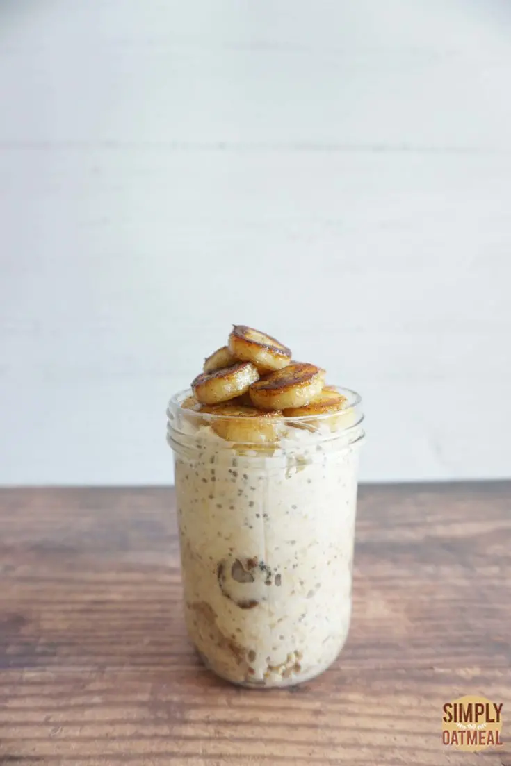 Single serving of banana foster overnight oats in a mason jar