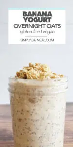 Banana yogurt overnight oats topped with over baked granola and toasted coconut flakes