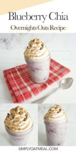 How to make blueberry chia overnight oats. The oatmeal photos are collaged together showing multiple angles.