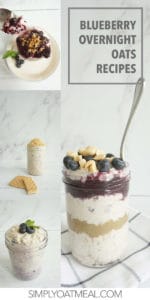 Collage of 4 blueberry overnight oatmeal recipes. The featured photo is blueberry peanut butter overnight oats in a mason jar with a spoon sticking out.
