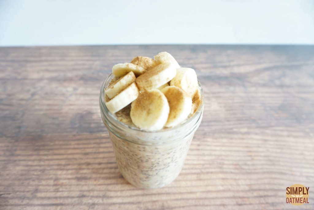 Overnight oats topped with sliced banana and sprinkled with brown sugar