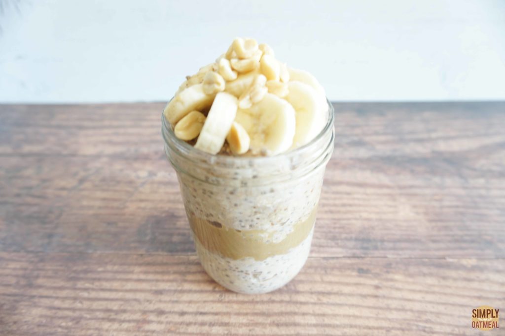 Single serving of peanut butter banana overnight oats in a mason jar