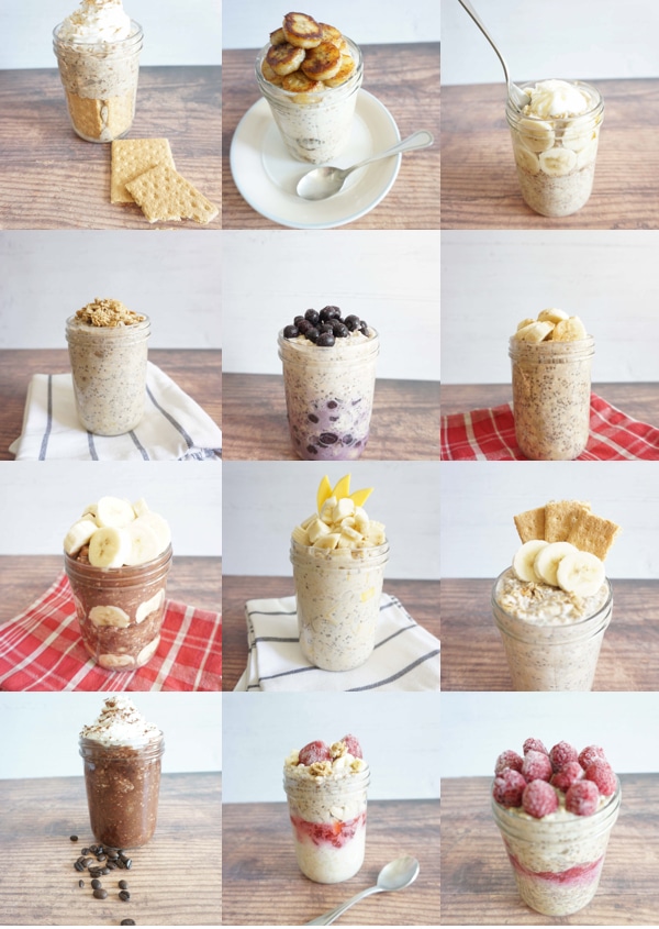 Brand new banana overnight oats recipes created by Simply Oatmeal. Use your over ripened bananas to try some of these fun flavor combinations