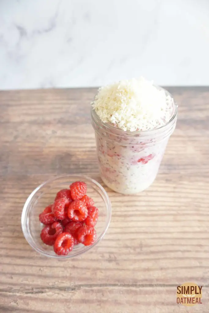 Raspberries and toasted coconut combined with overnight oatmeal