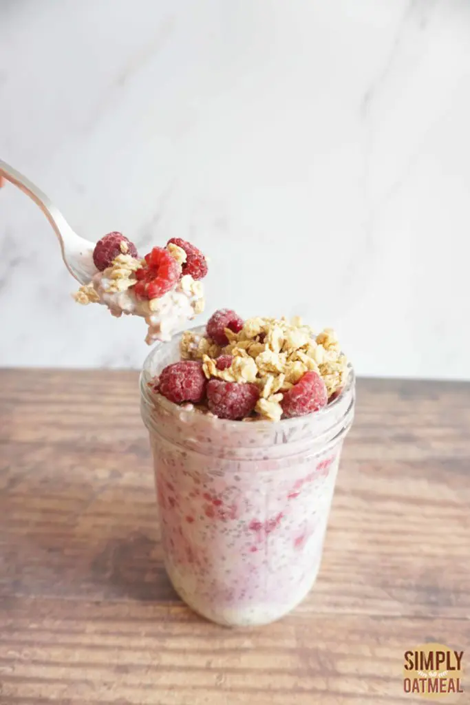 Spoonful of raspberry vanilla overnight oats.