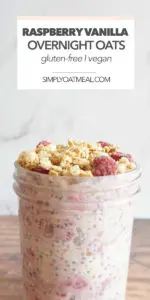 Raspberry vanilla overnight oats topped with vanilla yogurt, fresh raspberries and crunchy granola.