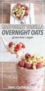 Bowl of raspberry vanilla overnight oats. A spoon is scooping a mouthful of the no cook oatmeal.