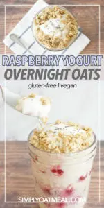 Spoon scooping a bite of raspberry yogurt overnight oats from a tall glass jar.