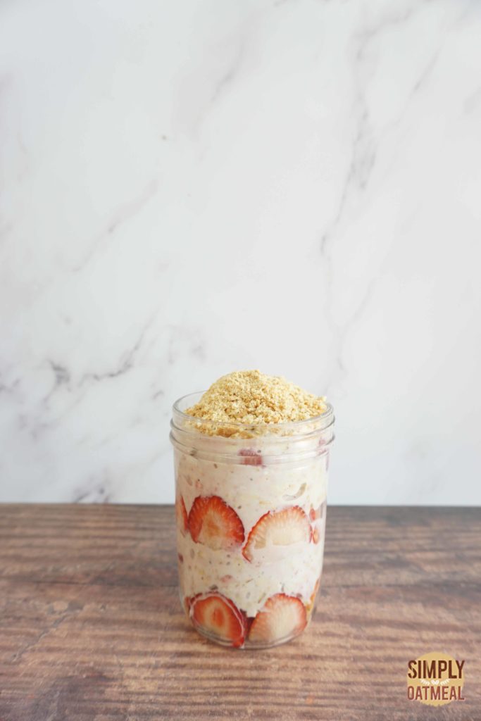 Single serving of strawberry shortcake overnight oats in a mason jar