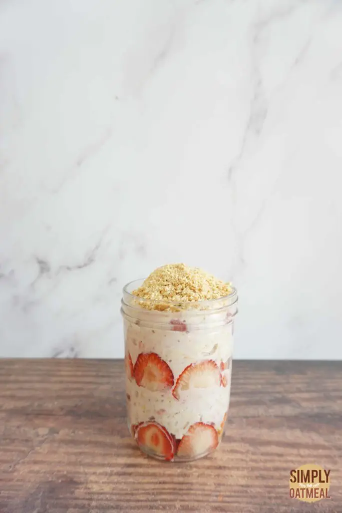 Single serving of strawberry shortcake overnight oats in a mason jar