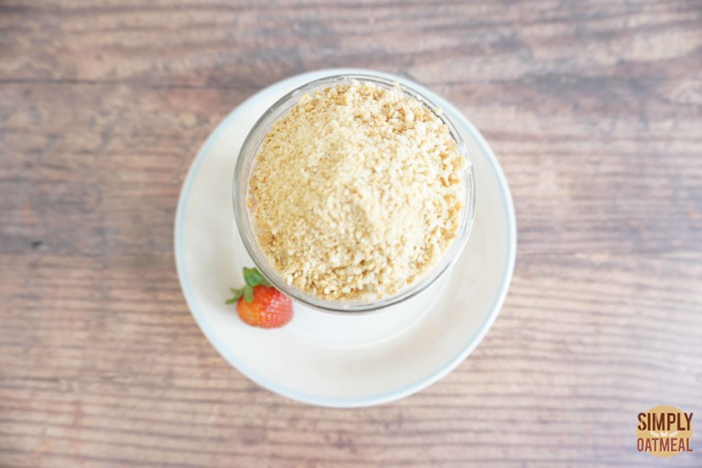 Strawberry shortcake overnight oats topped with gluten free oatmeal crumble topping