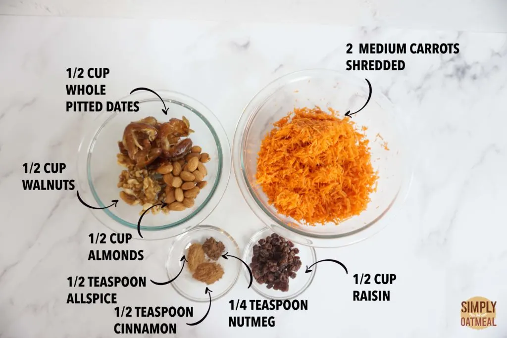 Ingredients to make no bake carrot cake oatmeal bars