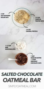 Ingredients to make the no bake chocolate pretzel oatmeal bars