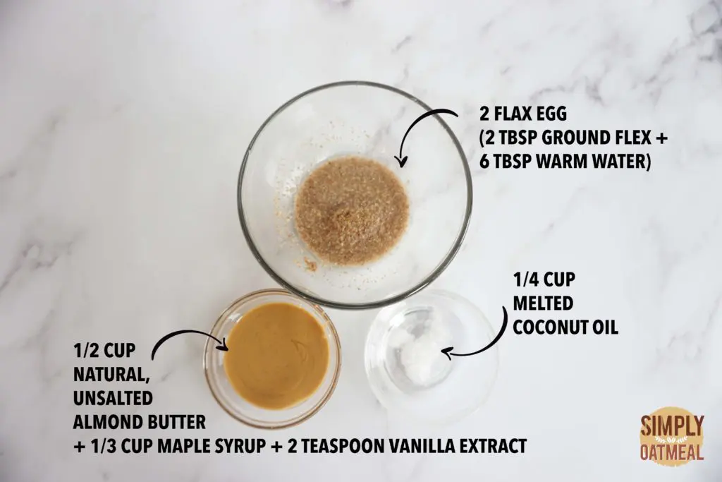 Wet ingredients to make the no bake oatmeal raisin bars