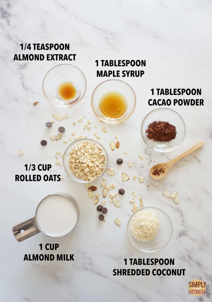 Ingredients to make an almond joy oatmeal smoothie