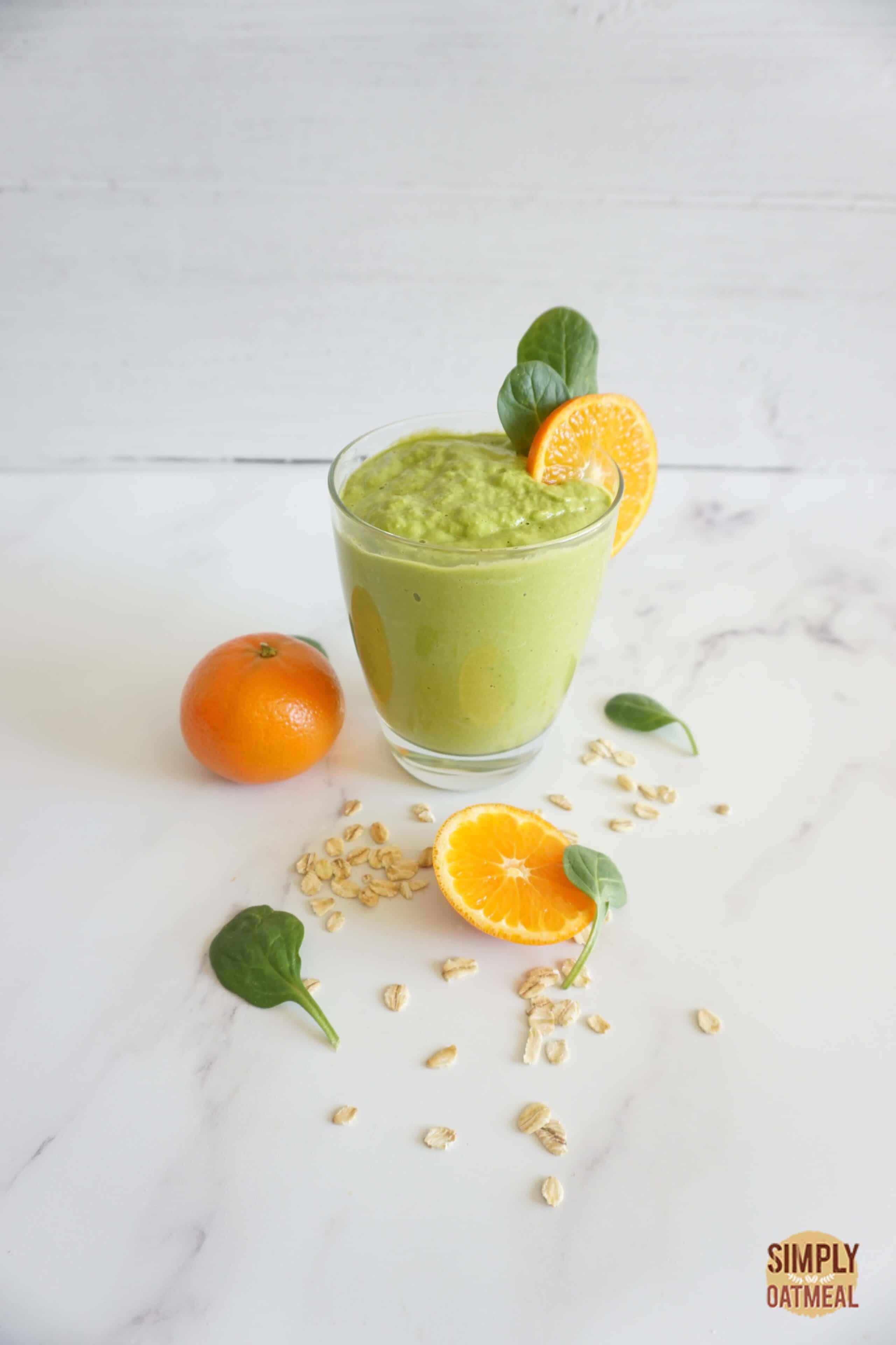Avocado dreamsicle oatmeal smoothie served in a mason jar