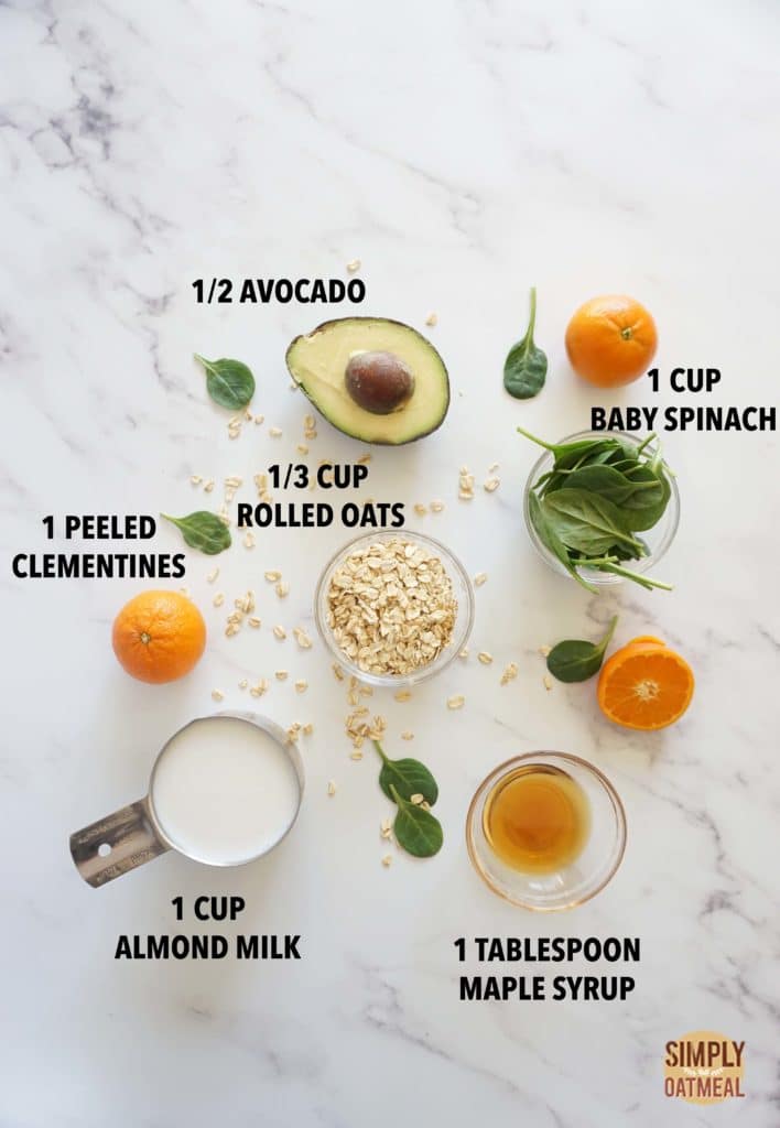 Ingredients to make an avocado dreamsicle oatmeal smoothie