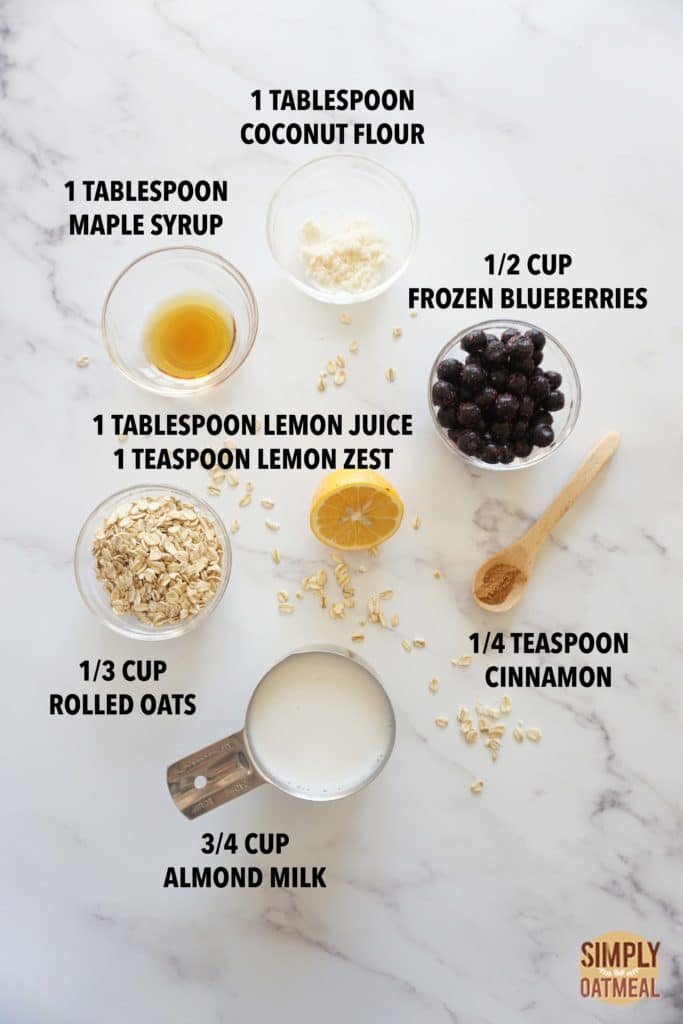 Ingredients to make blueberry lemon oatmeal smoothie.