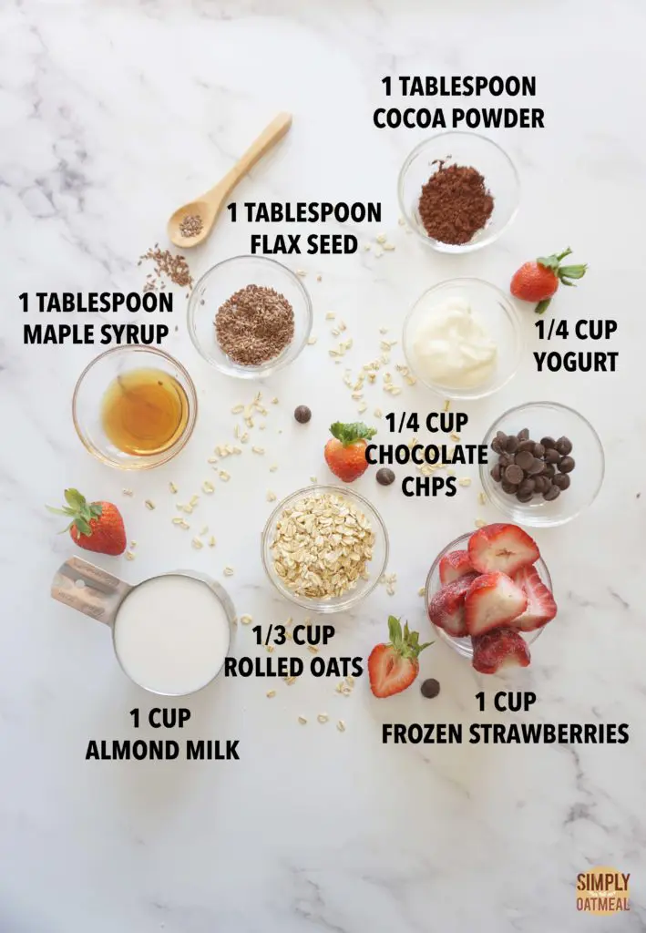 Ingredients to make chocolate covered strawberry oatmeal smoothie.