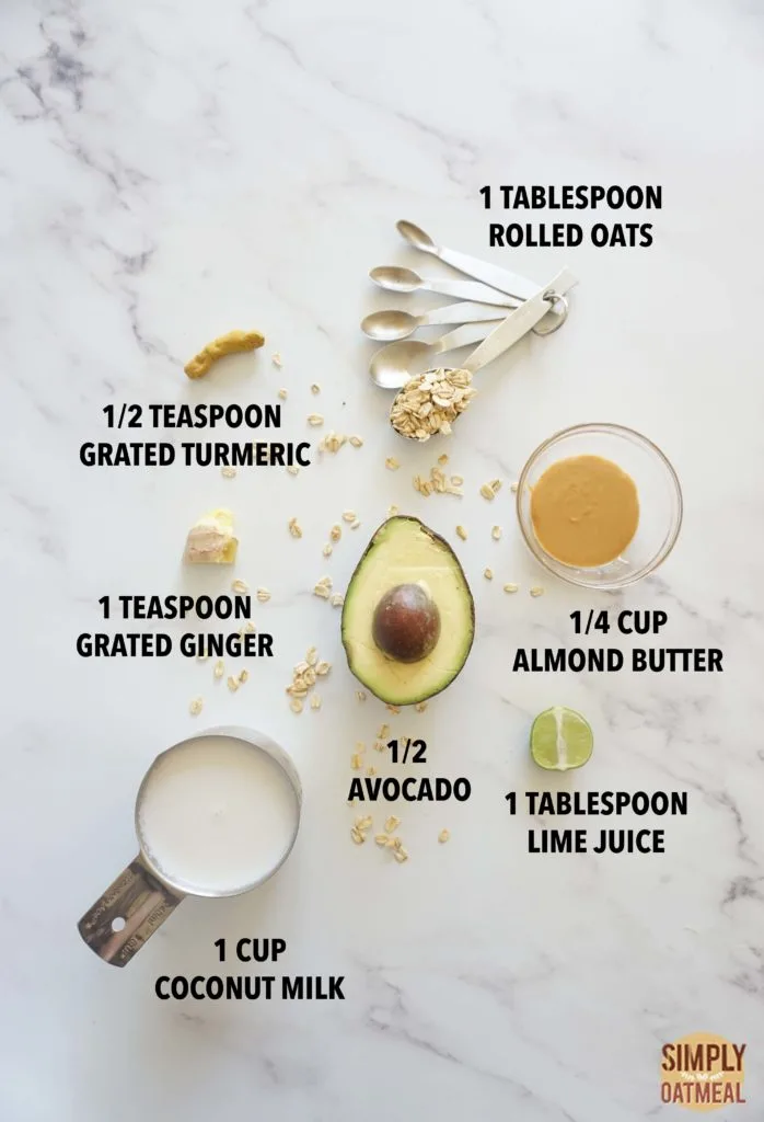 Ingredients to make a keto avocado fat bomb oatmeal smoothie