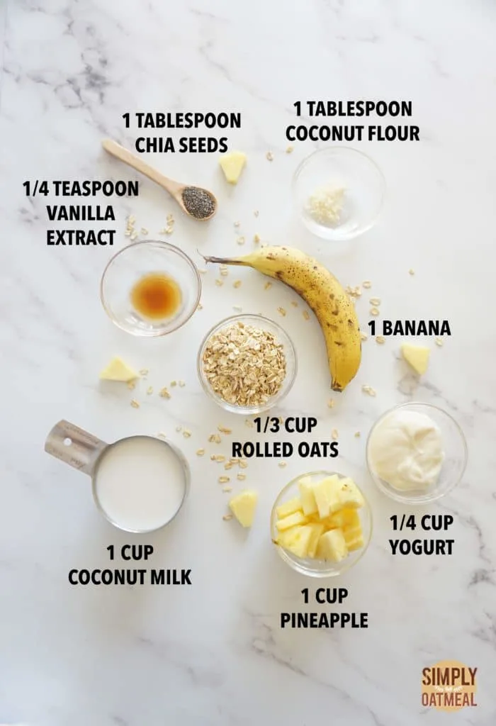 Ingredients to make a piña colada oatmeal smoothie