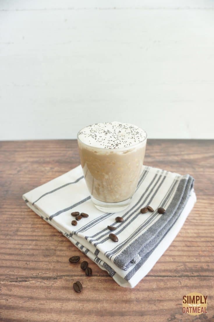 Vanilla latte overnight oats served in a glass cup