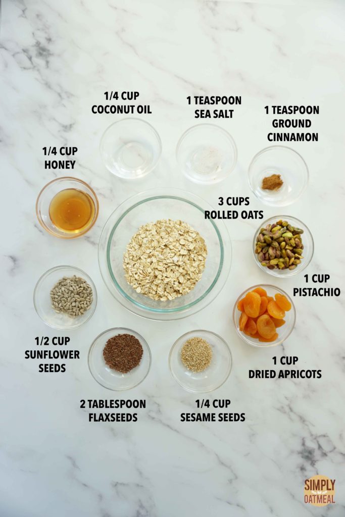 All the ingredients to make apricot pistachio granola