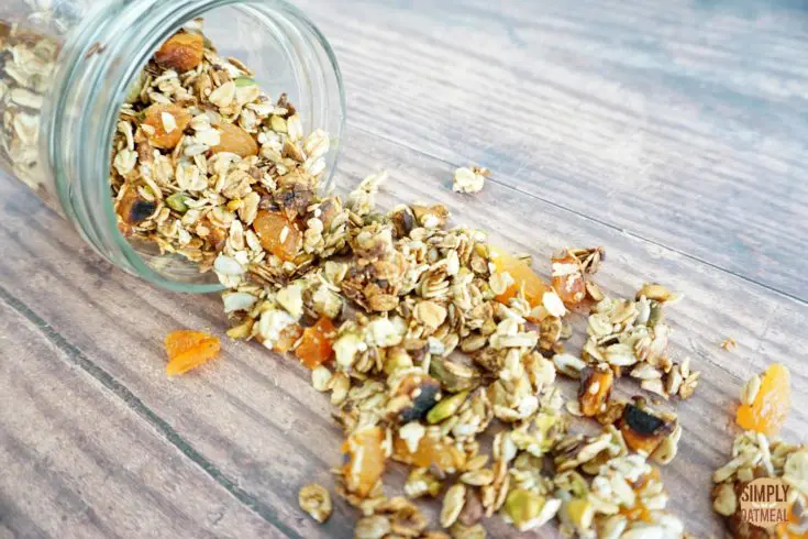 Closeup of apricot pistachio granola poured onto a plate