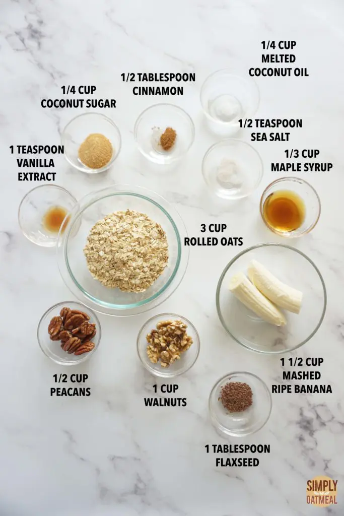 All the ingredients to make banana bread granola